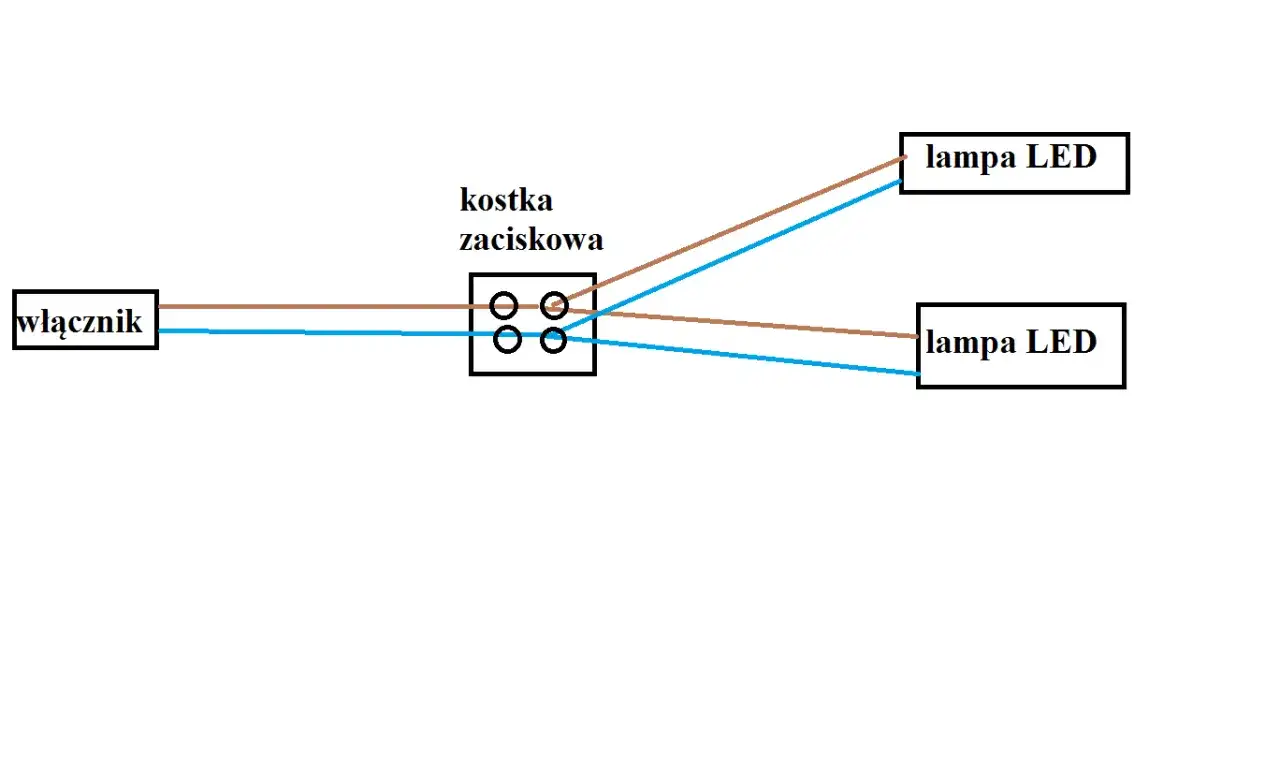 Schemat podłączenia lampy LED przez włącznik i kostkę zaciskową. Dwa kable zasilające biegną do kostki, skąd rozchodzą się do dwóch lamp LED.