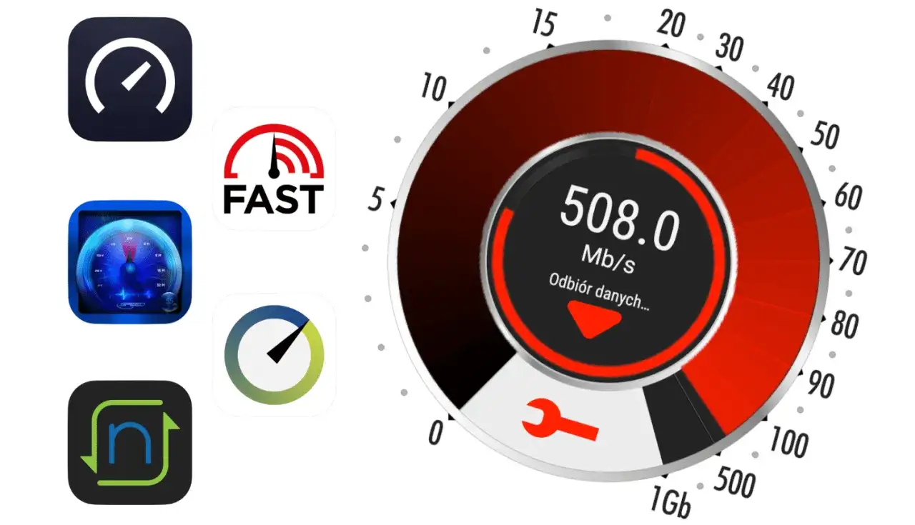 Ikony aplikacji do mierzenia prędkości internetu i duży wskaźnik pokazujący 508 Mb/s. Dowiedz się, jak przyspieszyć internet!