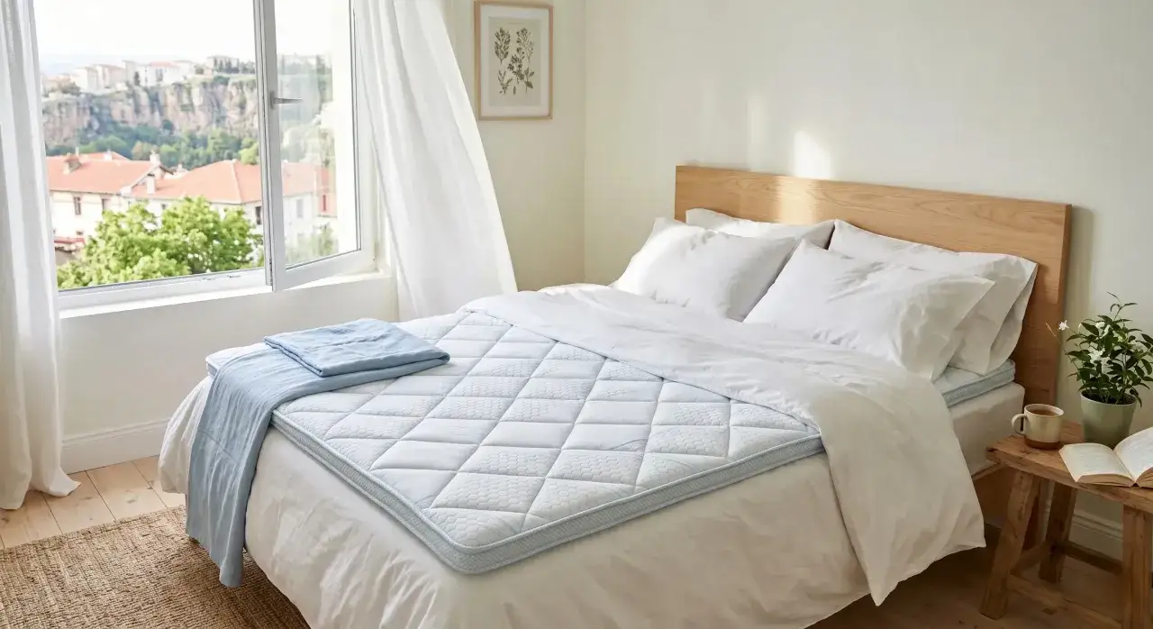 Ein frisch bezogenes Bett mit wei&szlig;er Bettw&auml;sche und einem blauen &Uuml;berwurf. Der Topper ist leicht feucht, als w&auml;re das Bett nass geschwitzt worden, aber es ist nur die Tagesdecke.