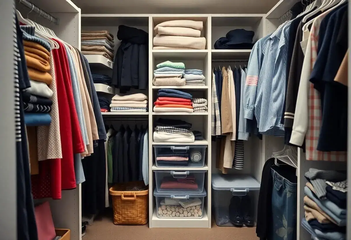 Armadio ordinato secondo il metodo Marie Kondo: vestiti piegati e appesi con cura, tutto in ordine per trovare gioia.
