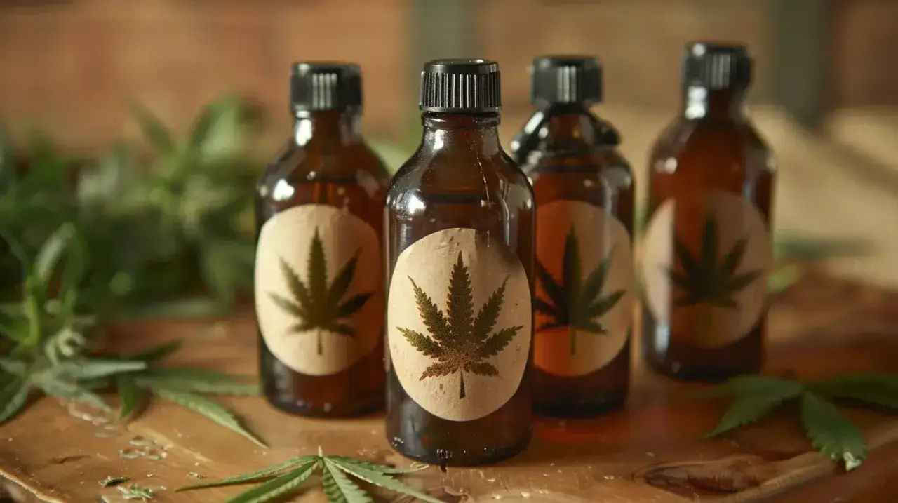 Butelki z brązowego szkła z liśćmi konopi na etykietach, sugerujące zawartość kannabinoid&oacute;w.