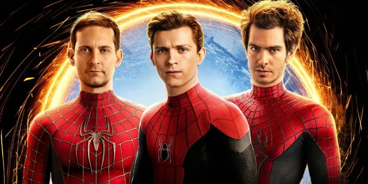 Trzech Spider-Manów: Tobey Maguire, Tom Holland i Andrew Garfield, w swoich kultowych strojach, gotowi do walki.