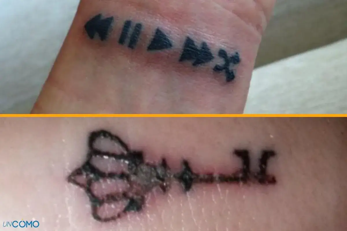 Tatuaje de controles de reproducci&oacute;n en la mu&ntilde;eca y un tatuaje de llave en el antebrazo, ambos con aspecto de estar inflamados.
