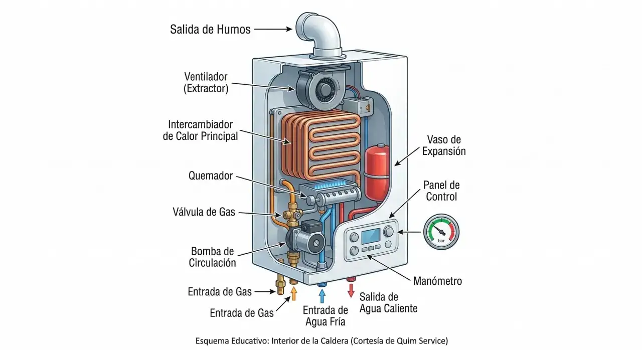 Diagrama de caldera. Si no llega gas a la caldera, el quemador no se encenderá.