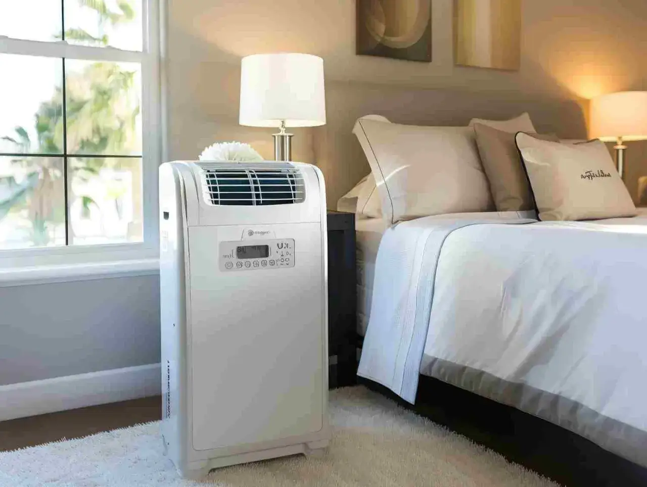 Un climatiseur sans &eacute;vacuation blanc, discret, dans une chambre &agrave; coucher lumineuse. Il promet un confort frais sans installation complexe.