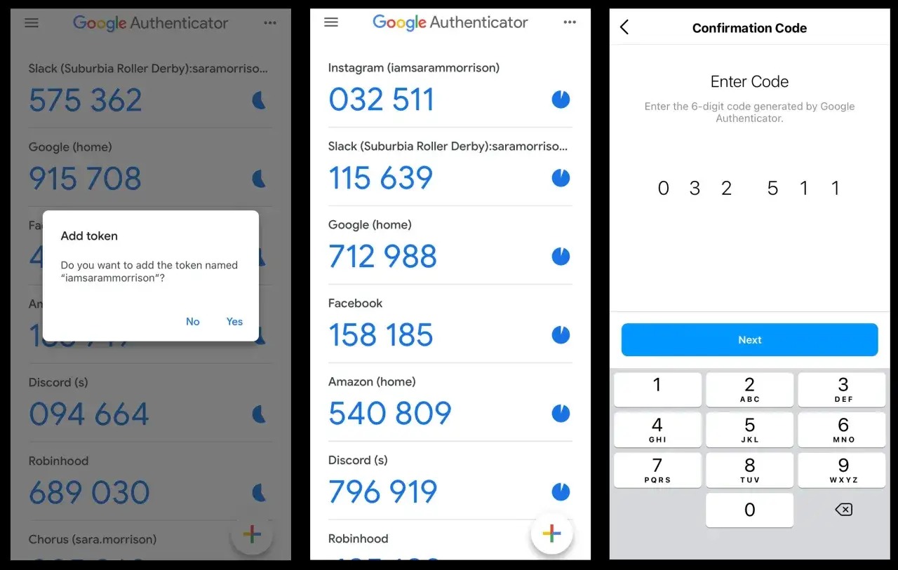 Ekran aplikacji Google Authenticator z kodami, prośbą o dodanie tokenu
