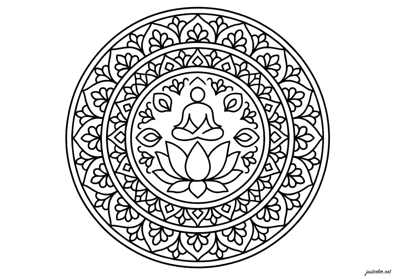 Mandala complexe avec une figure de Bouddha m&eacute;ditant sur un lotus. Un dessin sym&eacute;trique difficile, parfait pour la relaxation.