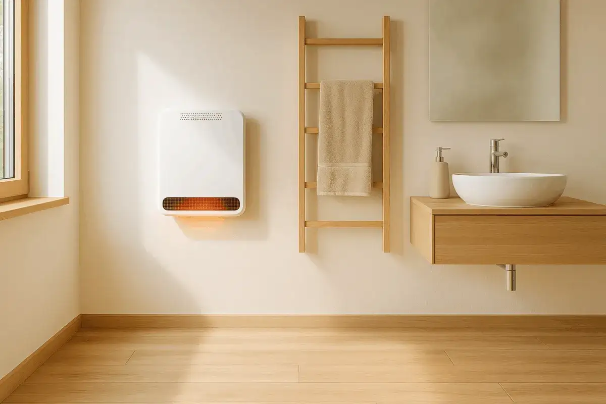 Chauffage salle de bain blanc mural diffusant une douce chaleur orang&eacute;e. Un porte-serviettes en bois et un lavabo compl&egrave;tent l'ensemble.