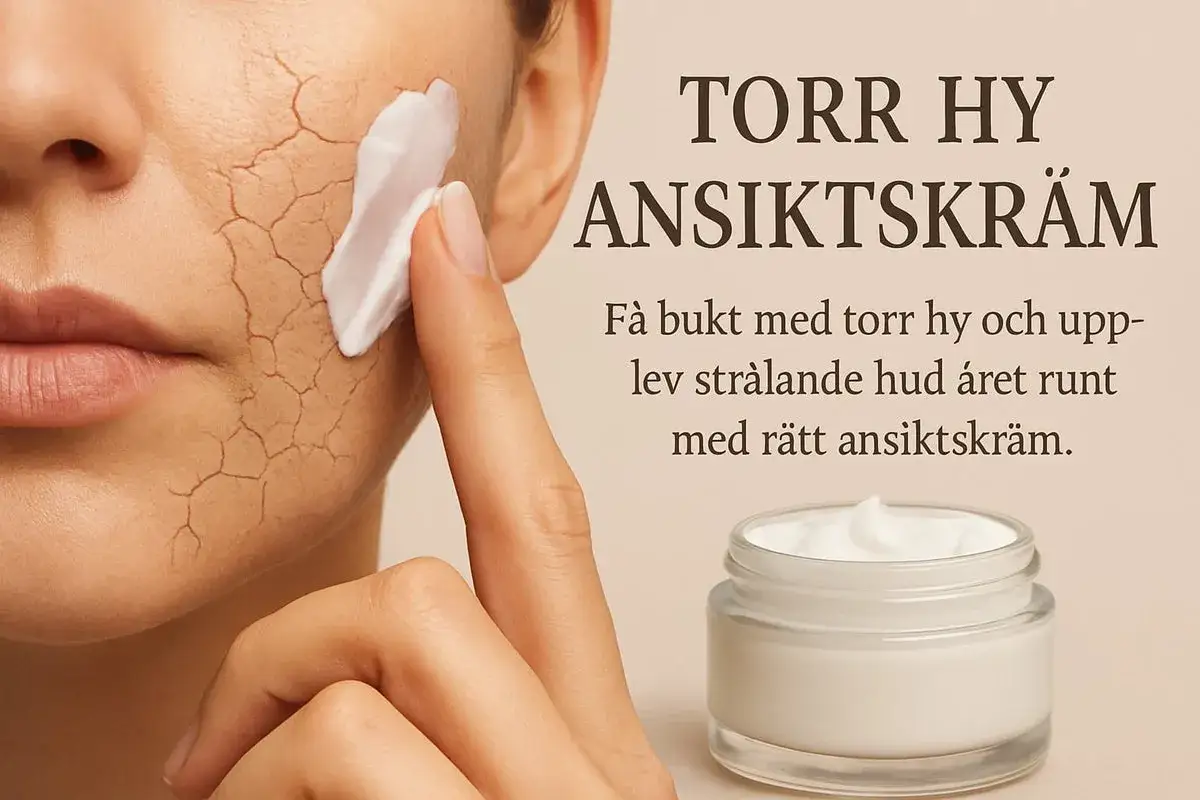 En hand applicerar kräm på ett ansikte med torr hud som flagnar. Texten lyder