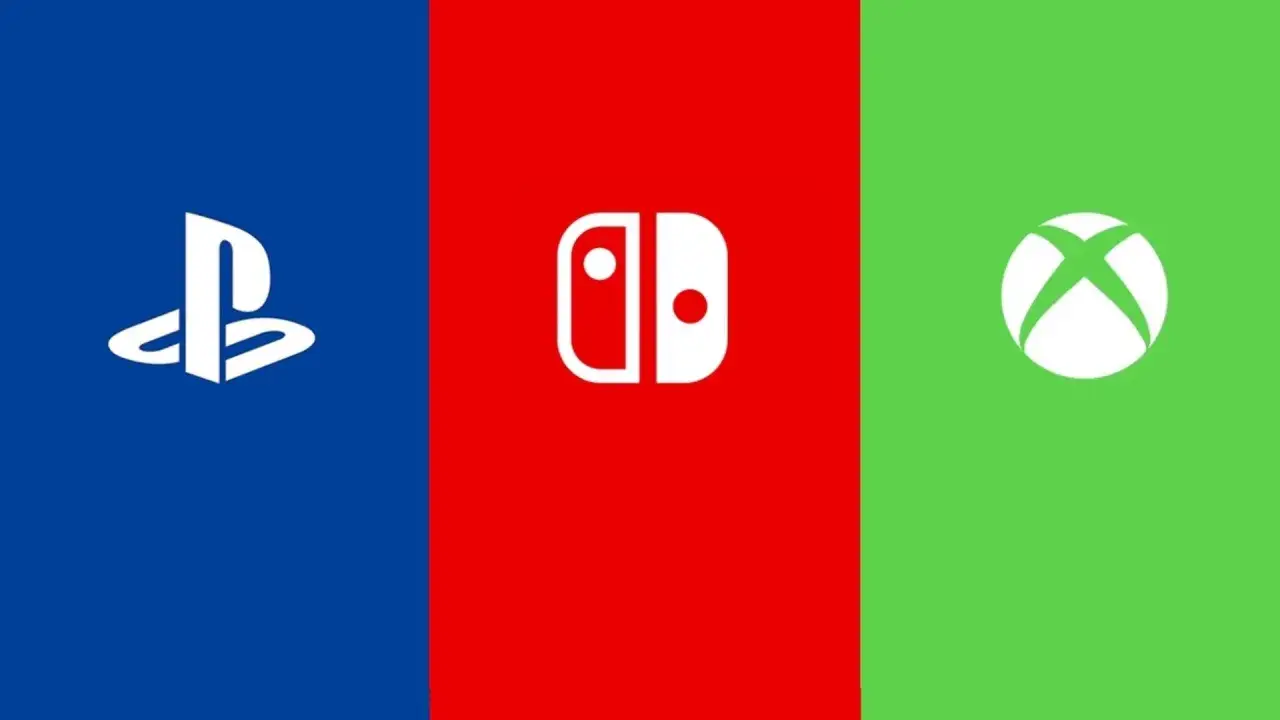 Loga PlayStation, Nintendo Switch i Xbox na kolorowych tłach. Symbolizują świat gier cross play, gdzie gracze z r&oacute;żnych platform mogą rywalizować razem.