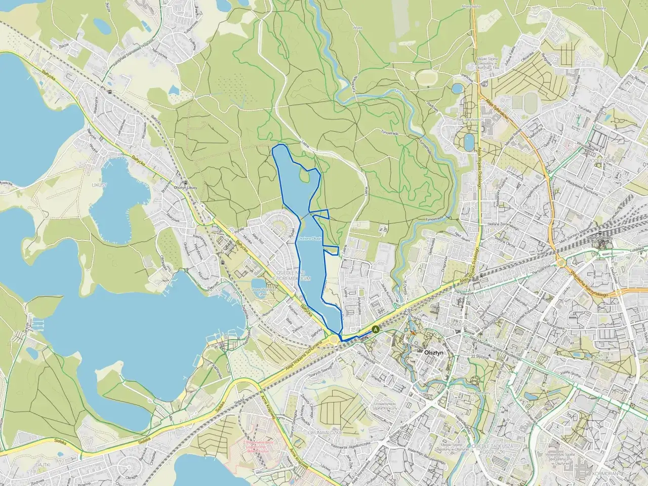 Mapa okolic Olsztyna z zaznaczonymi jeziorami i trasami, idealna na spacer.