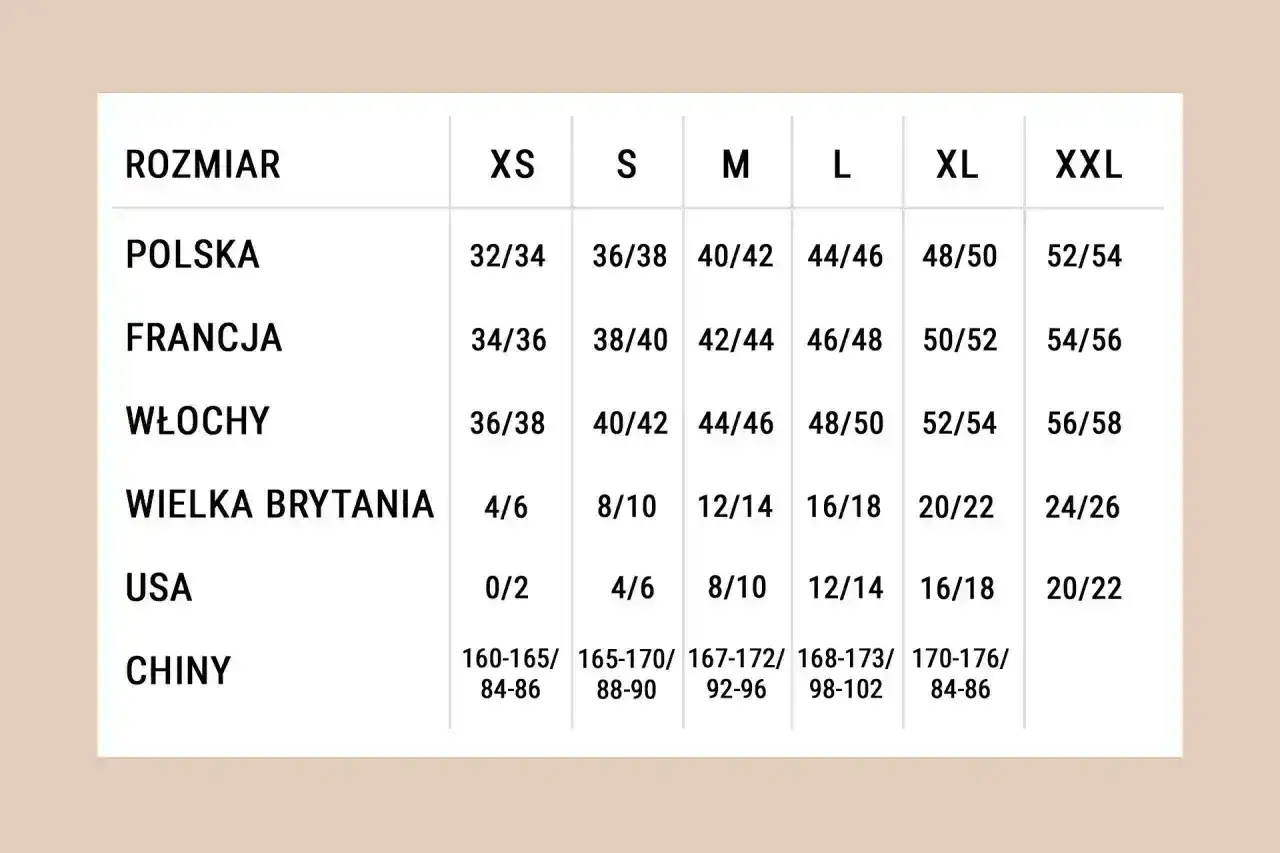 Tabela rozmiarów: polski 52/54, francuski 54/56, włoski 56/58, brytyjski 24/26, USA 20/22, chiński 170-176/84-86.