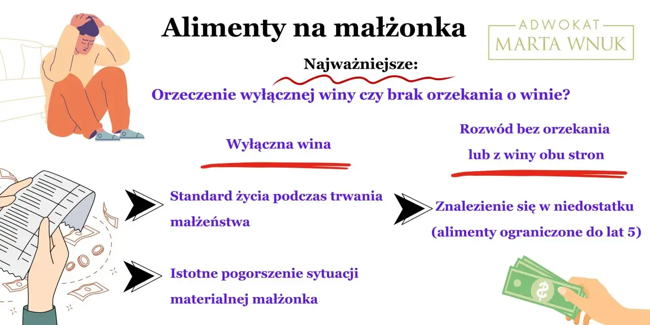 Kluczowe dla alimentów na męża po rozwodzie: wina, standard życia, niedostatek. Grafika pokazuje schemat decyzyjny.