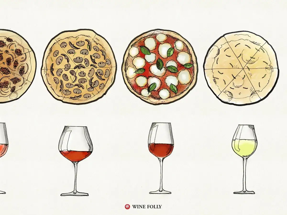 Ilustracja pokazuje różne rodzaje pizzy i kieliszki z winem, sugerując, jakie wino do pizzy wybrać.
