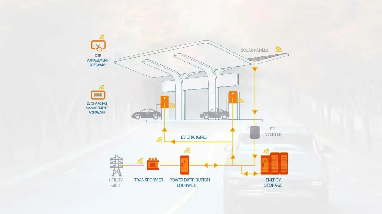 Schemat inteligentnej stacji ładowania pojazdów elektrycznych. Panele słoneczne, magazyn energii, transformator i oprogramowanie do zarządzania DER i ładowaniem EV.