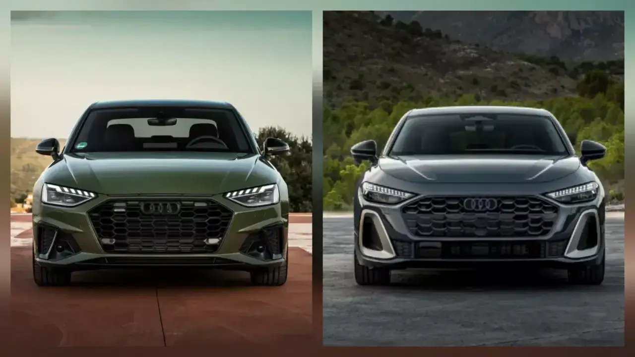 Zielony Audi A4 i ciemnoszary Audi A5 prezentują swoje przednie części, podkreślając różnice w designie.