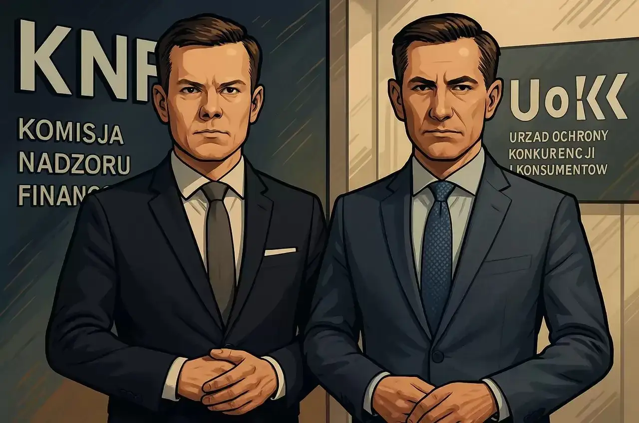 Dwóch mężczyzn w garniturach stoi przed tablicami KNF i UOKiK. Czy to zapowiedź listy banków zagrożonych?
