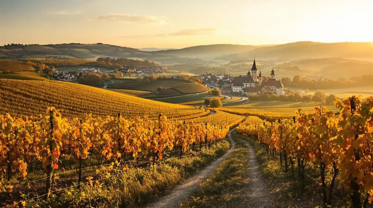 Paysage de vignoble dor&eacute; au coucher du soleil, avec des rang&eacute;es de pinot gris aux feuilles d'automne. Un chemin serpente &agrave; travers les vignes vers un village pittoresque.