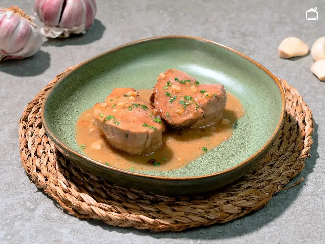 Dos medallones de solomillo al ajillo, jugosos y cubiertos de salsa, reposan en un plato verde. Acompañados de ajos y perejil picado.