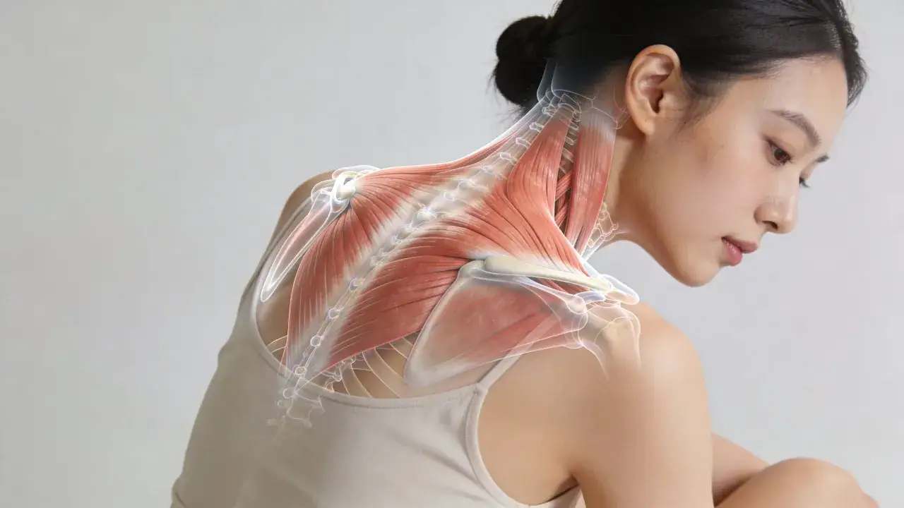 Vue anatomique du muscle trap&egrave;ze sur le cou et les &eacute;paules d'une femme, montrant sa structure complexe.