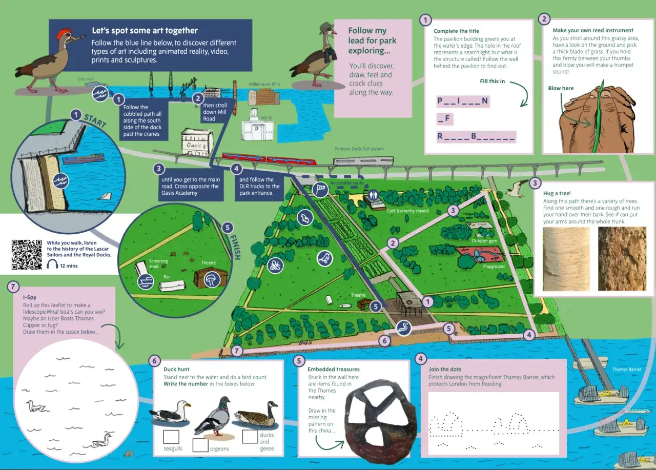 Mapa z trasą spaceru po Royal Docks. Czy Londyn ma dostęp do morza? Tak, przez Tamizę, która przepływa obok.