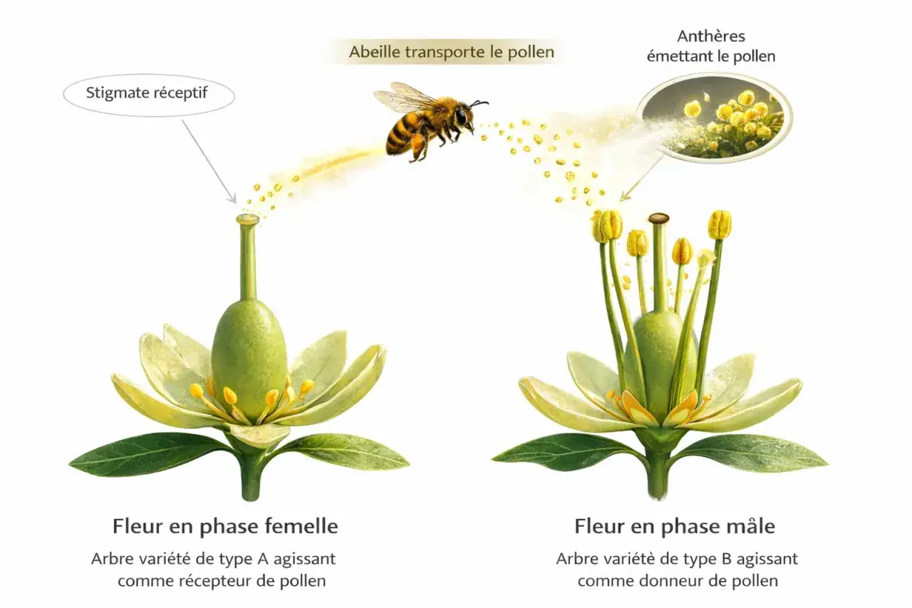 Illustration de la pollinisation d'une fleur d'avocatier par une abeille. La fleur femelle a un stigmate réceptif, la fleur mâle libère du pollen.