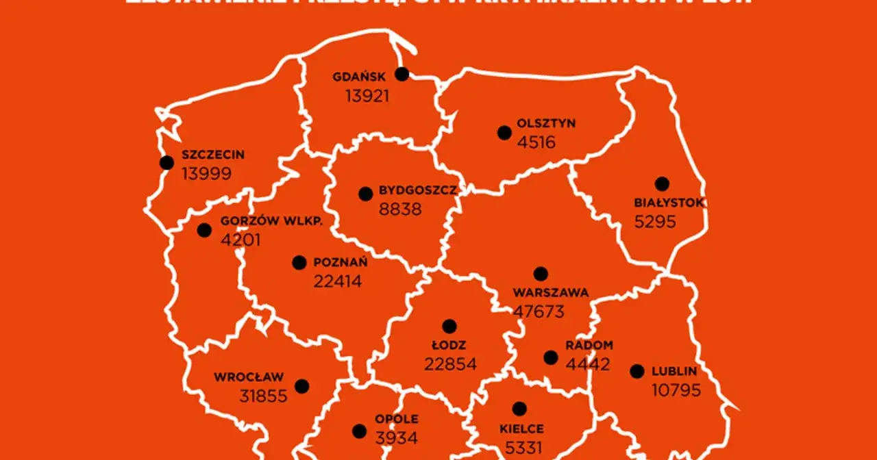 Mapa Polski z zaznaczonymi miastami i liczbami. Czy te dane to statystyka przestępstw, czy może liczba zwolenników kary śmierci?