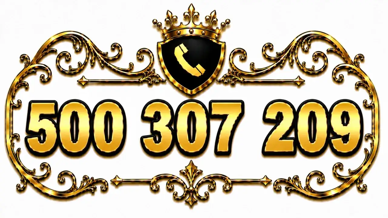 Złoty numer Orange 500 307 209 w ozdobnej ramce ze złotym telefonem i koroną.