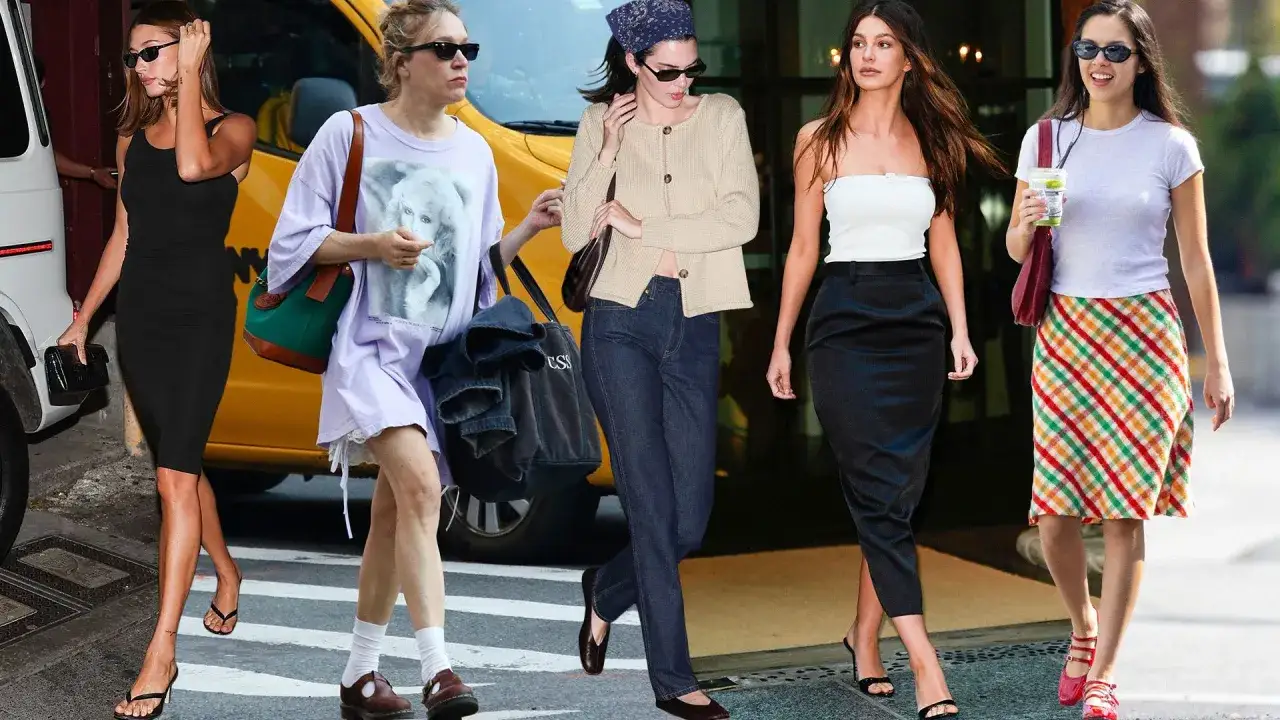Five women walk in a collage, showcasing 90s minimalism with simple dresses, jeans, and skirts.