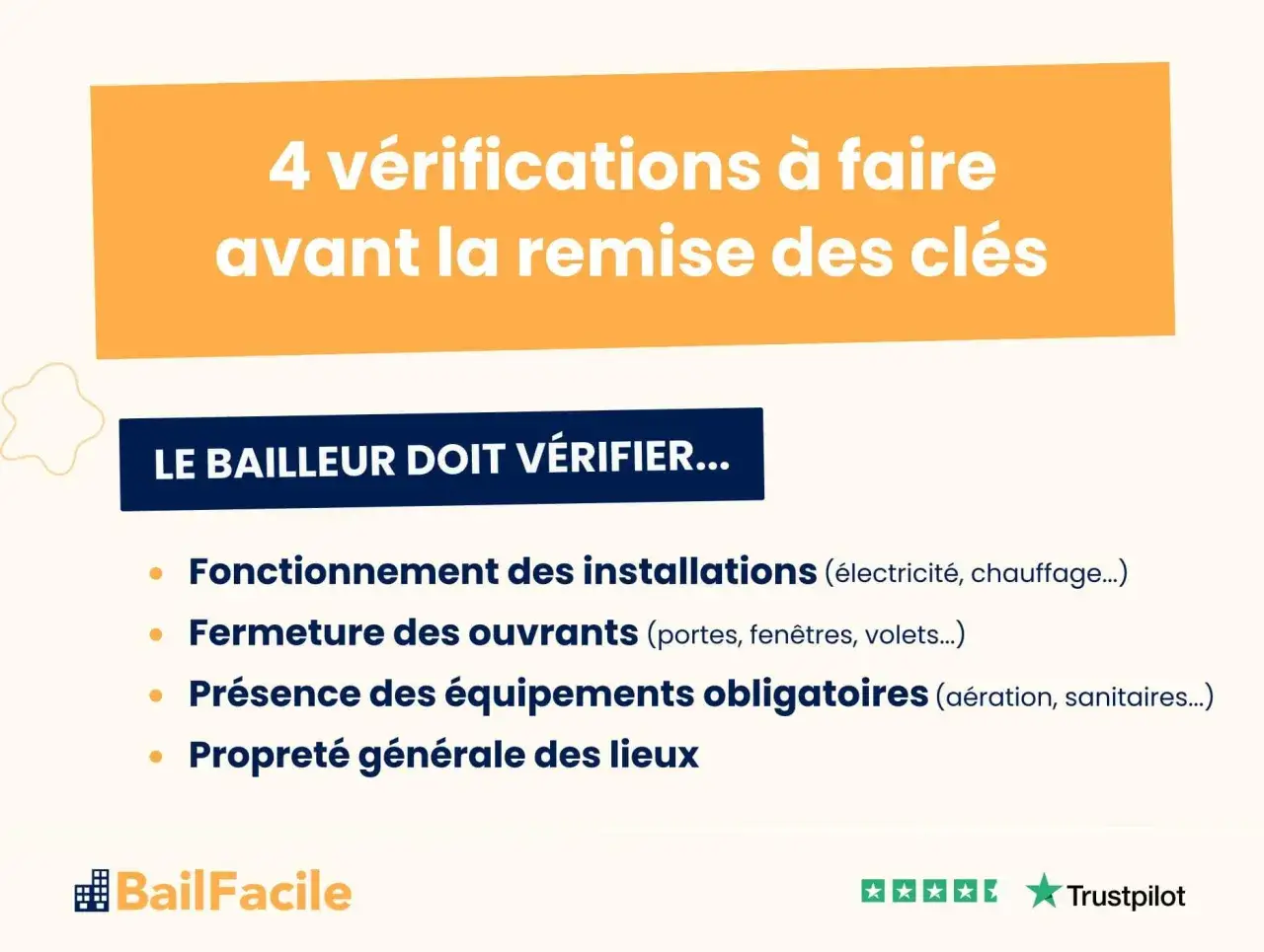 4 vérifications avant la remise des clés d'une location : installations, ouvrants, équipements obligatoires et propreté.