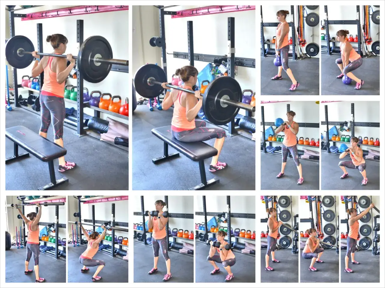 Frau macht Kniebeuge mit Langhantel und Kettlebells im Fitnessstudio.
