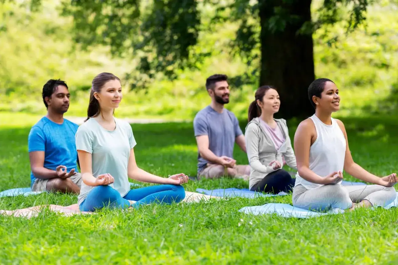 En grupp människor mediterar utomhus. De sitter på yogamattor i gräset och utför kirtan kriya 12-minute meditation.