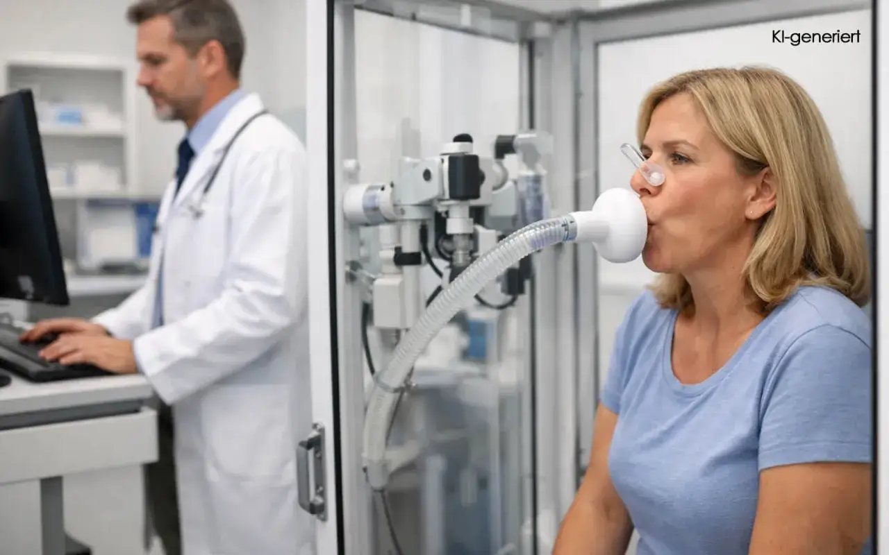 Frau macht Lungenfunktionstest mit Spirometer. Arzt &uuml;berwacht den RV-Wert der Lunge am Computer.