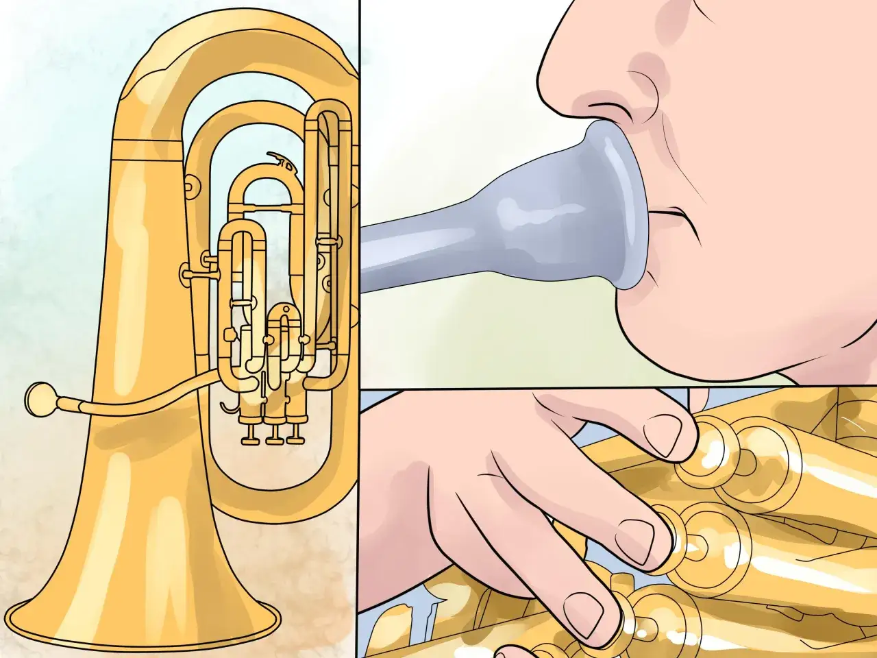 Tuba-Steckbrief f&uuml;r Kinder: So lernt man das Spielen! Ein Kind bl&auml;st ins Mundst&uuml;ck, w&auml;hrend Finger die Ventile bedienen.