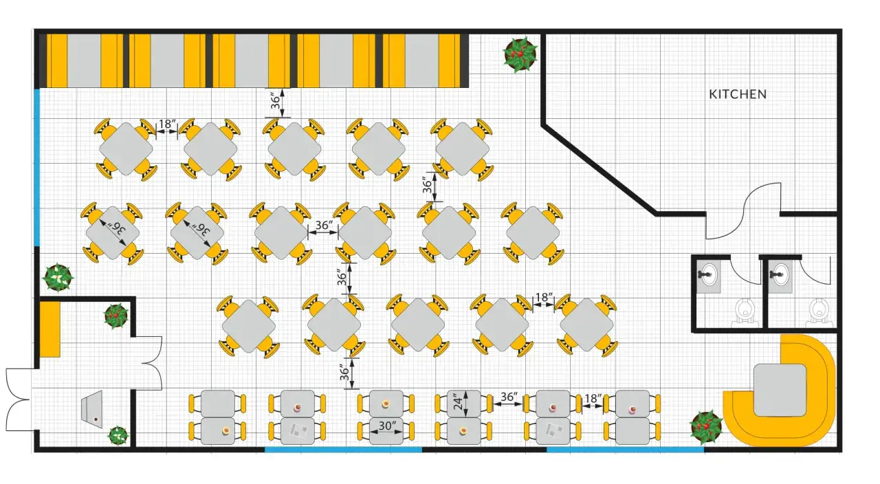 Plano de restaurante con mesas y sillas. Se muestran las medidas de la distancia entre mesas, como 36 pulgadas, para optimizar el espacio.