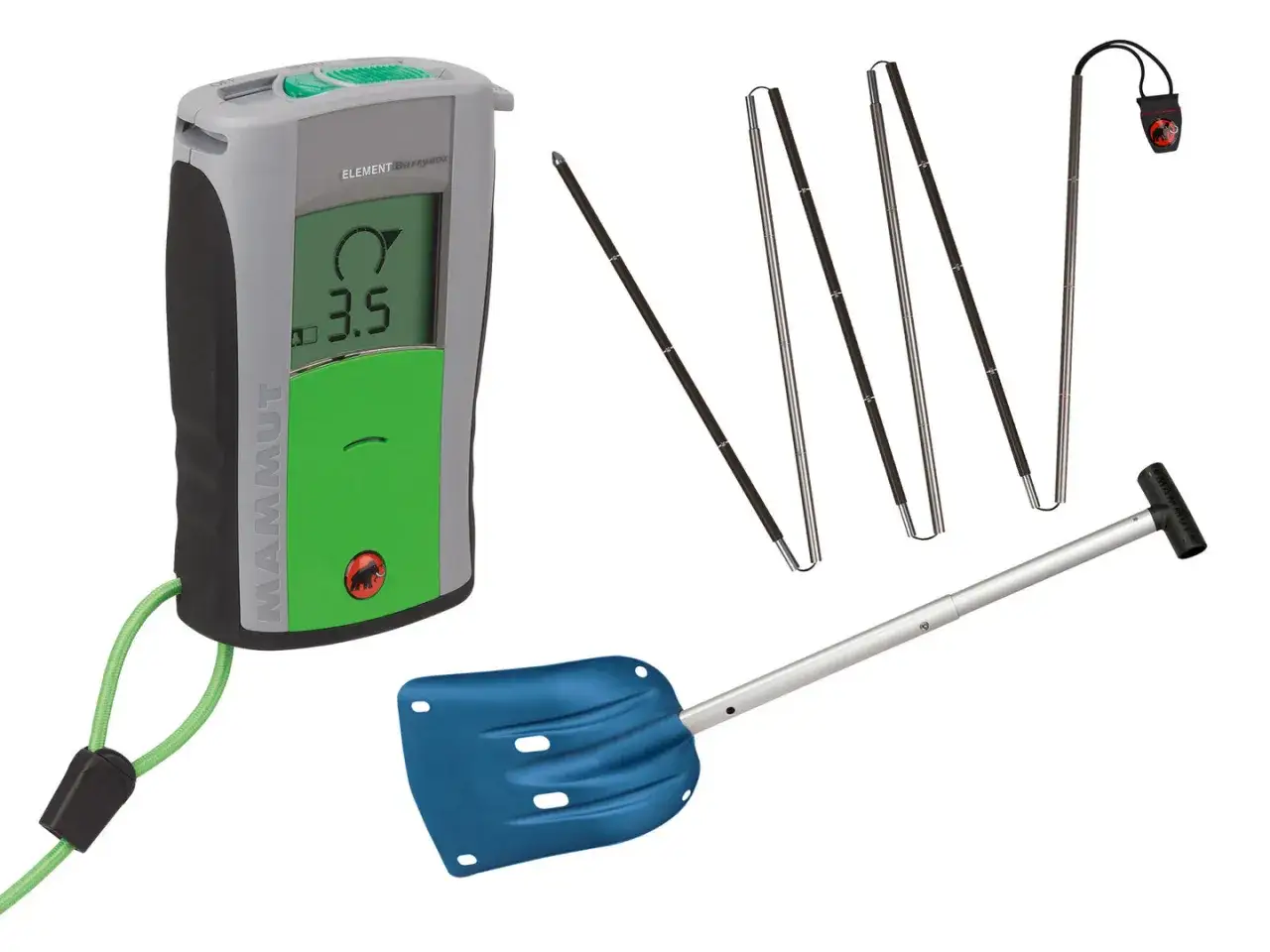Lawinenausrüstung für die Packliste Skitour: LVS-Gerät, Schaufel und Sonde.