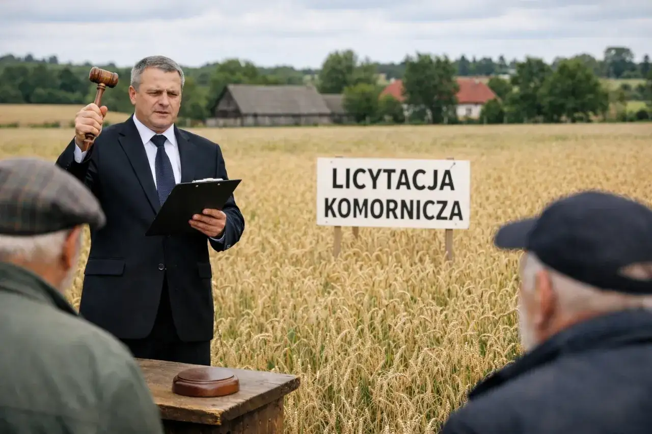 Komornik w garniturze z młotkiem i dokumentami na polu zboża. Tablica