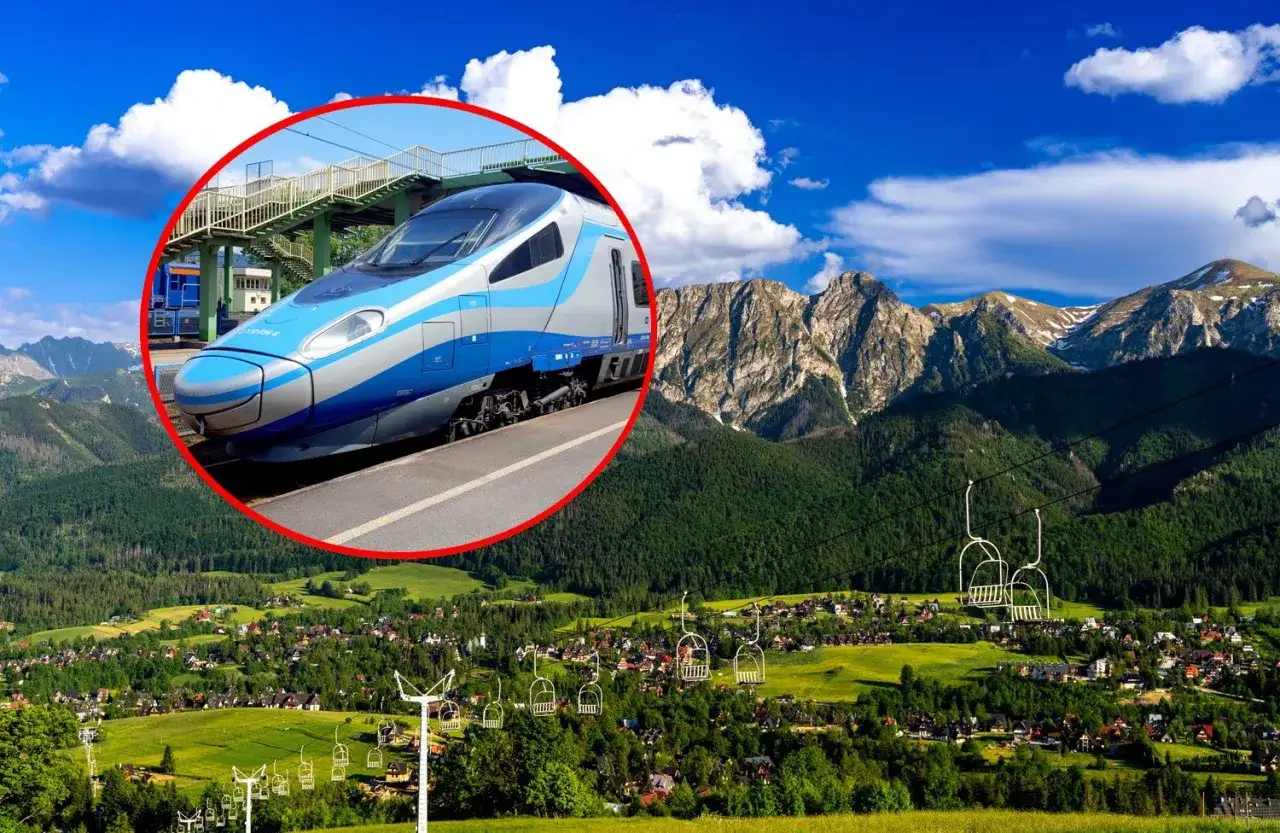 Czy pendolino jedzie do Zakopanego? Szybki pociąg na tle gór i malowniczej miejscowości z wyciągami.