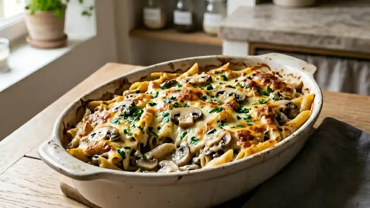 Un plat de pâtes gratinées aux champignons, garni de persil frais. Parfait pour des recettes gratin de pâtes réconfortantes.