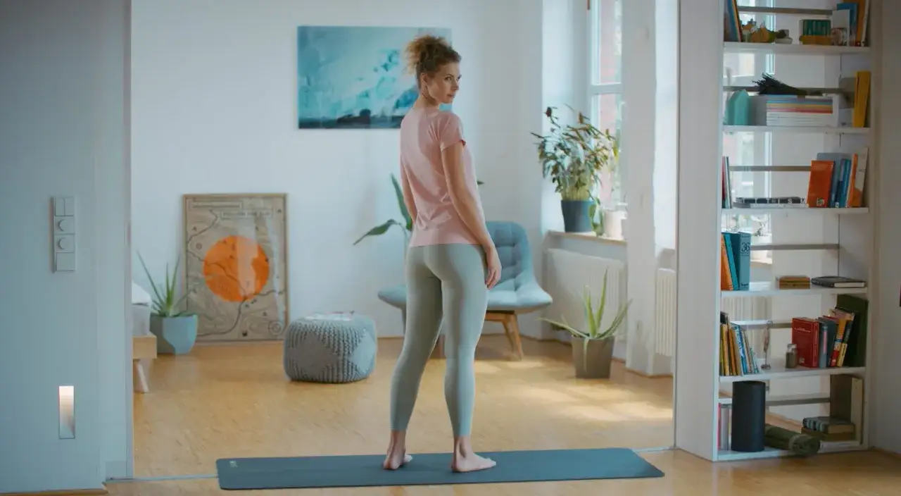 Frau in Sportkleidung auf Yogamatte, bereit für Übungen. Ein Regal voller Bücher und Pflanzen im Hintergrund. Vielleicht hilft dies bei der Bewältigung des BWS-Syndroms.