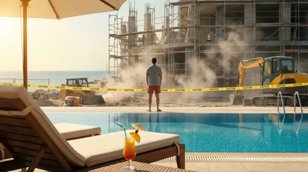 Mann blickt auf Baustelle am Meer. Ein Pool mit Cocktail im Vordergrund. Die Frankfurter Tabelle 2026 wird hier wohl noch nicht fertig sein.