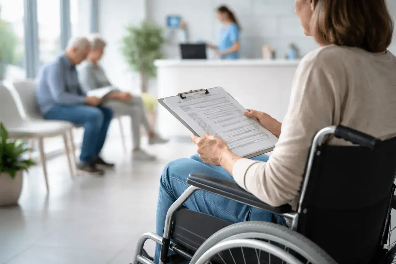 Donna in carrozzina legge documenti in sala d'attesa, forse per un congedo per cure invalidi depressione.