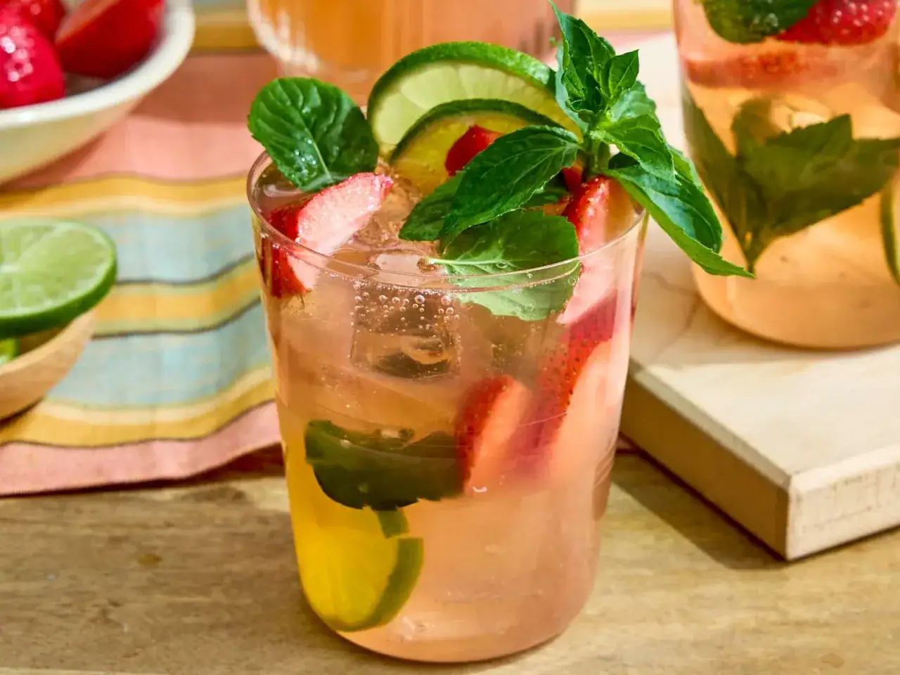 En uppfriskande strawberry mojito med f&auml;rska jordgubbar, lime och mynta i ett glas med is.