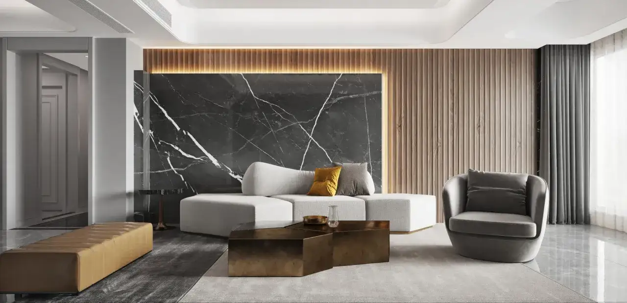 Nowoczesny salon z kamieniem na ścianie. Z czym połączyć kamień? Drewno, metal i miękkie tkaniny tworzą elegancką całość.