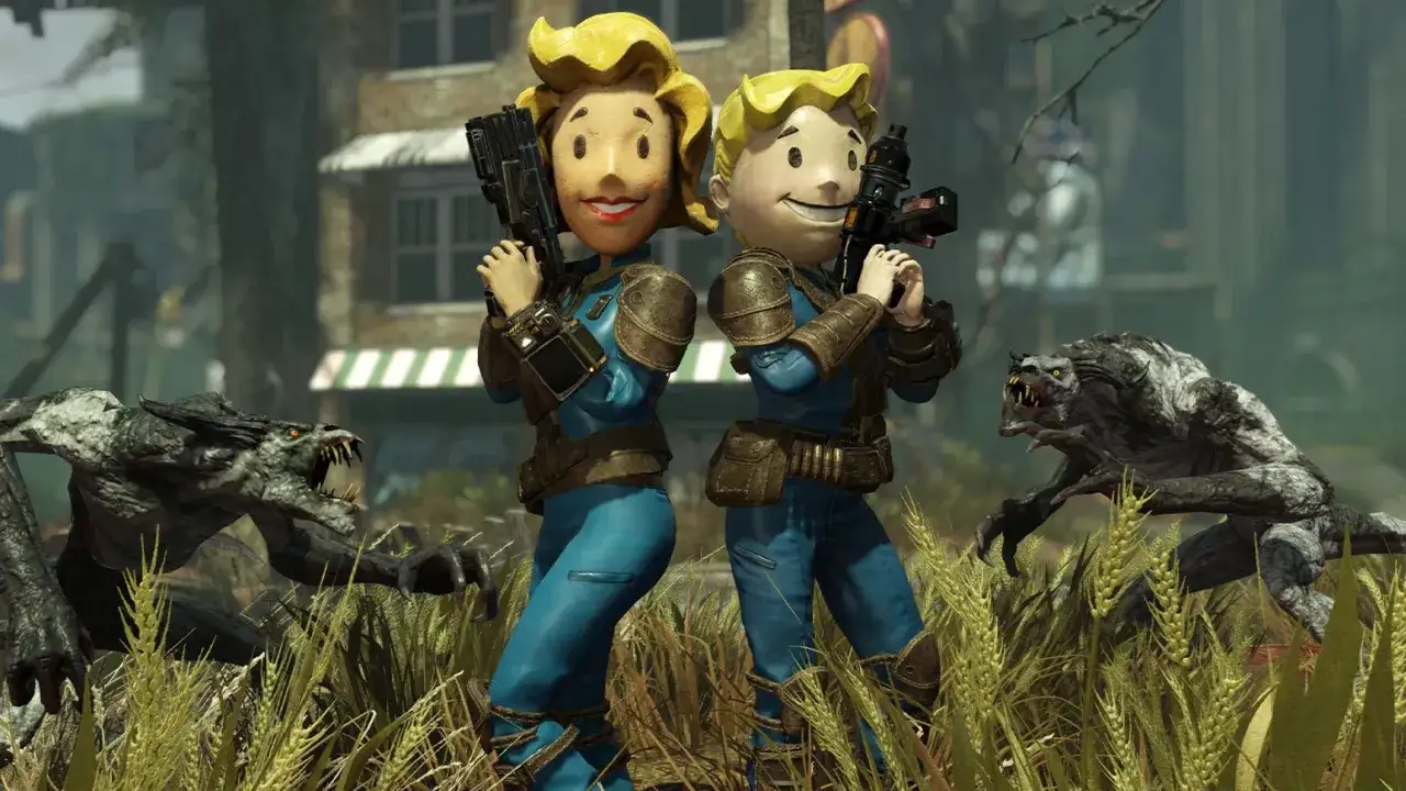 Dwie postacie z Fallout 76, otoczone przez potwory, gotowe do walki. Marzenie o **fallout 76 crossplay** staje się rzeczywistością, gdy gracze z różnych platform mogą wspólnie eksplorować pustkowia.