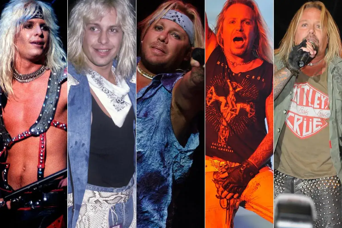 Vince Neil joven en diferentes etapas de su carrera, mostrando su icónico estilo rockero.