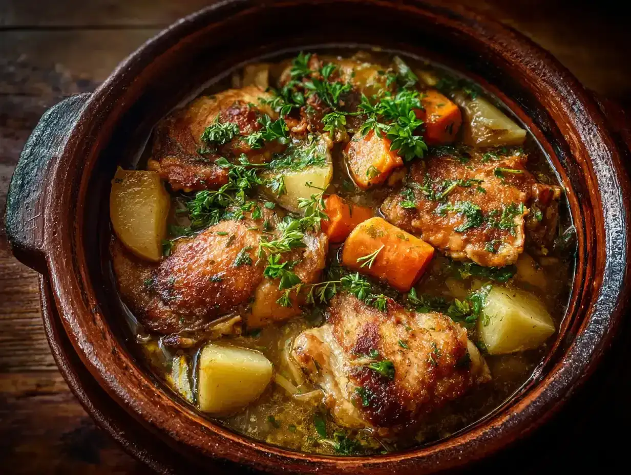 En mustig kyckling i lergryta med potatis och mor&ouml;tter, toppad med f&auml;rska &ouml;rter. En klassisk och v&auml;rmande r&auml;tt.