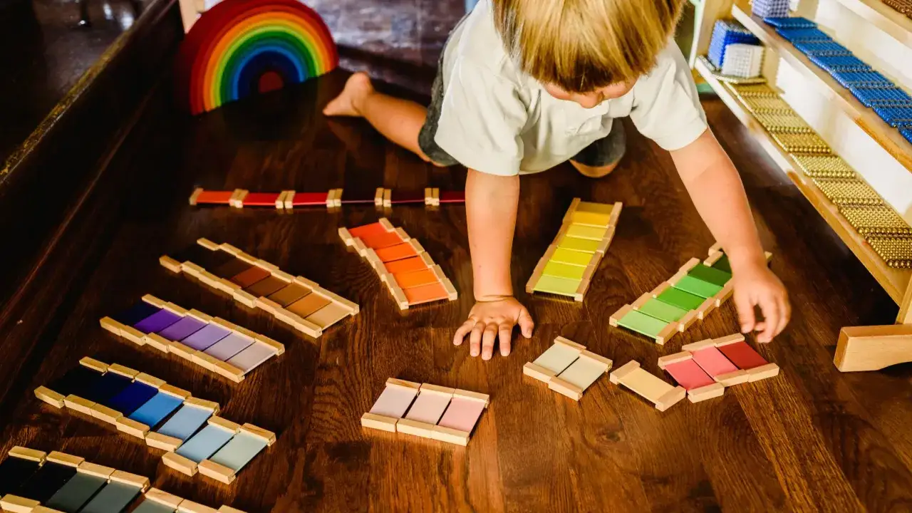 Ni&ntilde;o explora el **periodo sensible** del color con bloques de madera y arco&iacute;ris.