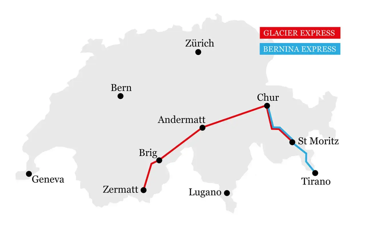 Mapa Szwajcarii z trasami Glacier Express (czerwona) i Bernina Express (niebieska). Sprawdź bernina express cena i zaplanuj podróż!
