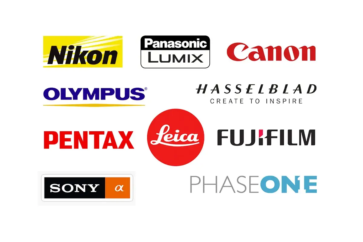 Logotypy marek aparatów: Nikon, Panasonic Lumix, Canon, Olympus, Hasselblad, Pentax, Leica, Fujifilm, Sony, Phase One. Wybór między Canon czy Nikon to dopiero początek.